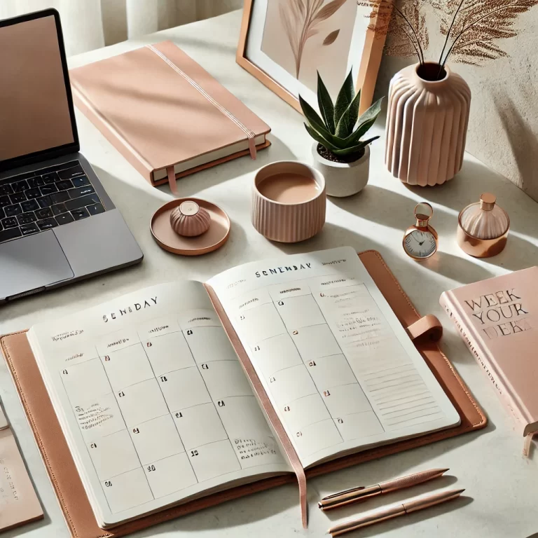 DALL·E 2024-10-19 17.50.16 - Aesthetic image of a neatly organized desk with a stylish weekly planner open to a clean, minimalistic schedule